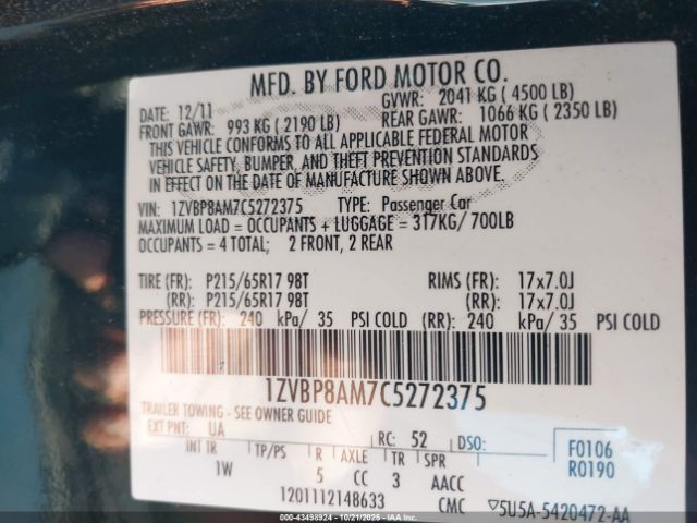 2012 FORD MUSTANG 1ZVBP8AM7C5272375 Photo 8