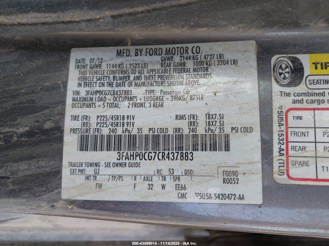 2012 FORD FUSION 3FAHP0CG7CR437883 Photo 8