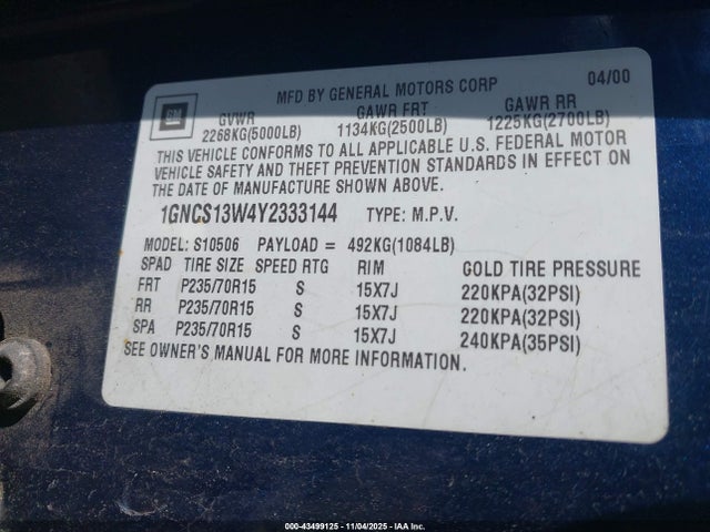 2000 CHEVROLET BLAZER 1GNCS13W4Y2333144 Photo 8