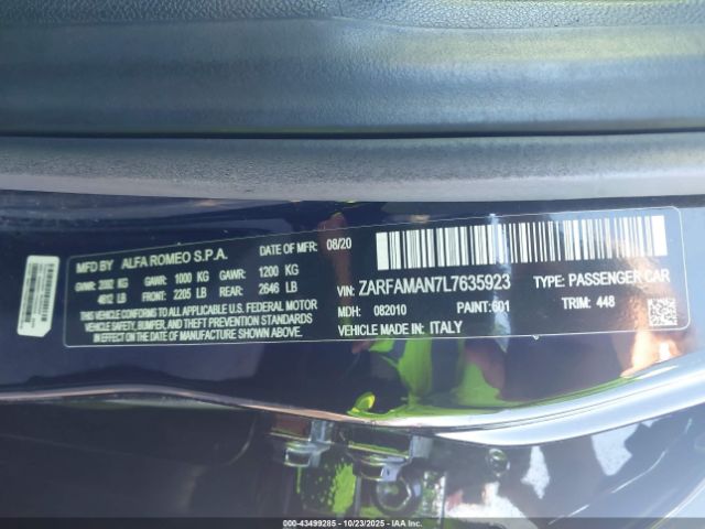 2020 ALFA ROMEO GIULIA ZARFAMAN7L7635923 Photo 8