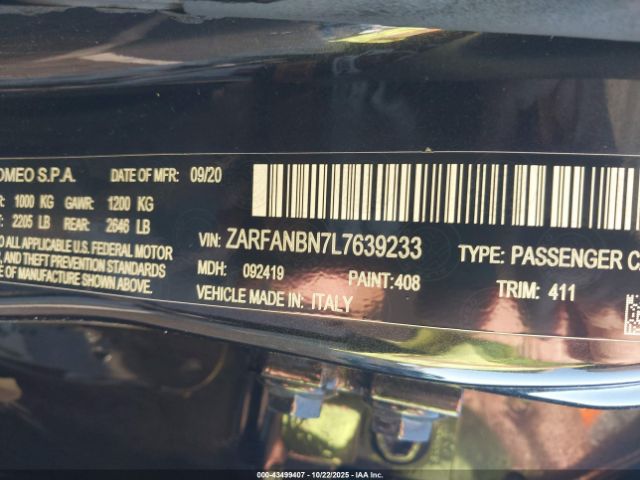 2020 ALFA ROMEO GIULIA ZARFANBN7L7639233 Photo 8