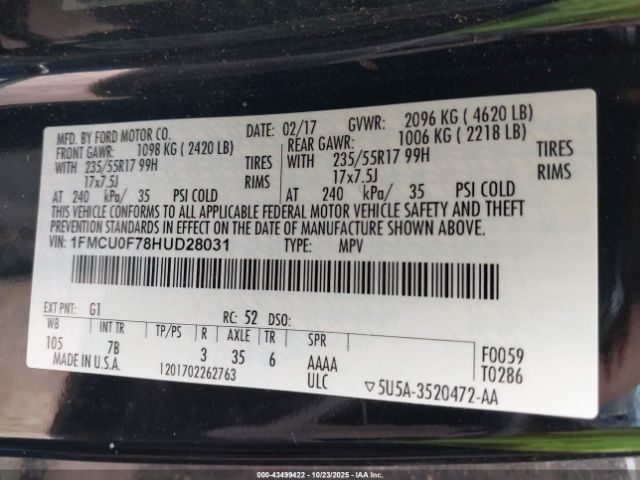 2017 FORD ESCAPE 1FMCU0F78HUD28031 Photo 8