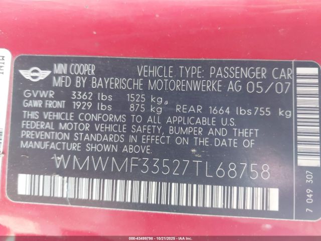 2007 MINI COOPER WMWMF33527TL68758 Photo 8