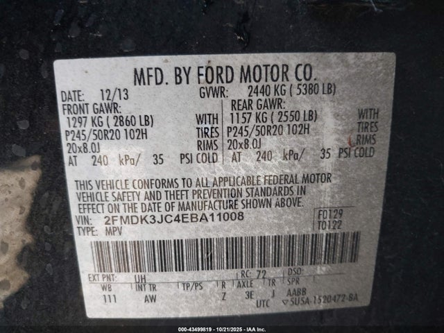 43499819 :رقم المزاد ، 2FMDK3JC4EBA11008 vin ، 2014 Ford Edge Sel مزاد بيع