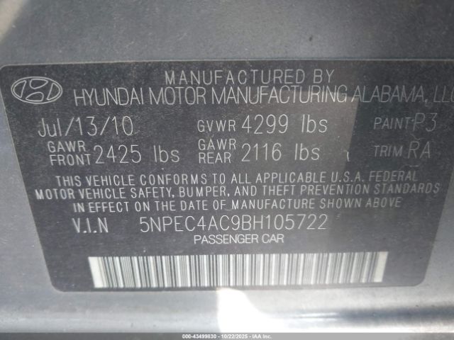 2011 HYUNDAI SONATA 5NPEC4AC9BH105722 Photo 8