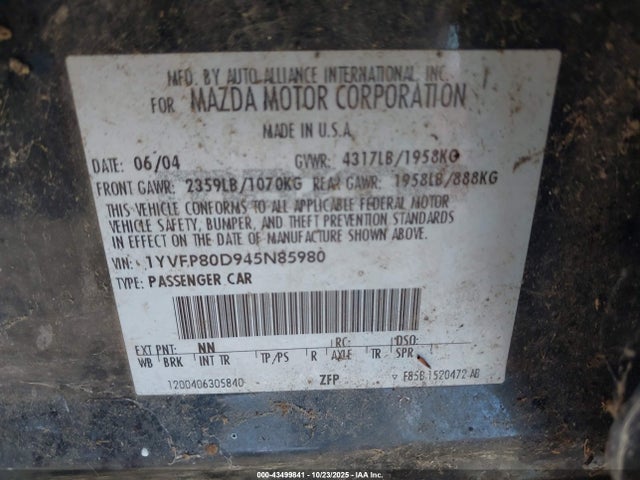 43499841 :رقم المزاد ، 1YVFP80D945N85980 vin ، 2004 Mazda Mazda6 S مزاد بيع