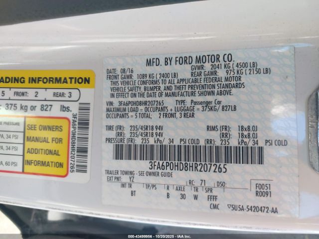 2017 FORD FUSION 3FA6P0HD8HR207265 Photo 8