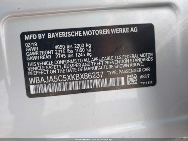 2019 BMW 5 SERIES WBAJA5C5XKBX86237 Photo 8