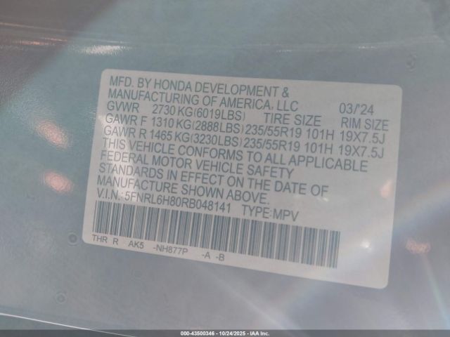 2024 HONDA ODYSSEY 5FNRL6H80RB048141 Photo 8