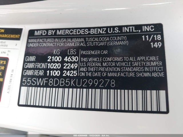 Aukcja sprzedaży 2019 Mercedes-benz C 300, vin: 55SWF8DB5KU299278, numer aukcji: 43500469
