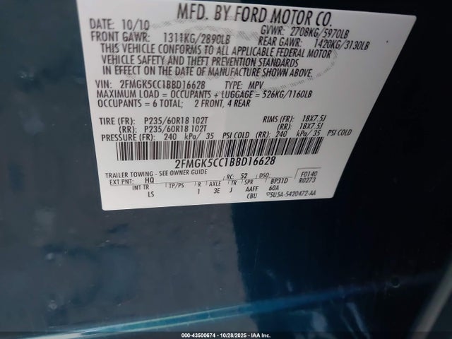 43500674 :رقم المزاد ، 2FMGK5CC1BBD16628 vin ، 2011 Ford Flex Sel مزاد بيع