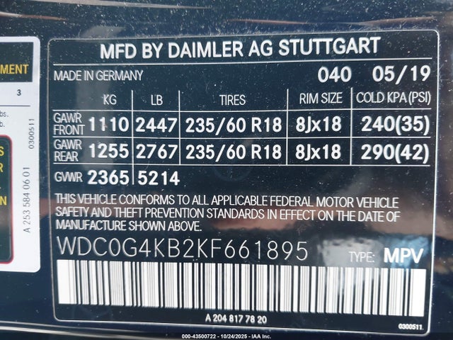 2019 Mercedes-benz Glc 300 4matic მანქანა იყიდება აუქციონზე, vin: WDC0G4KB2KF661895, აუქციონის ნომერი: 43500722