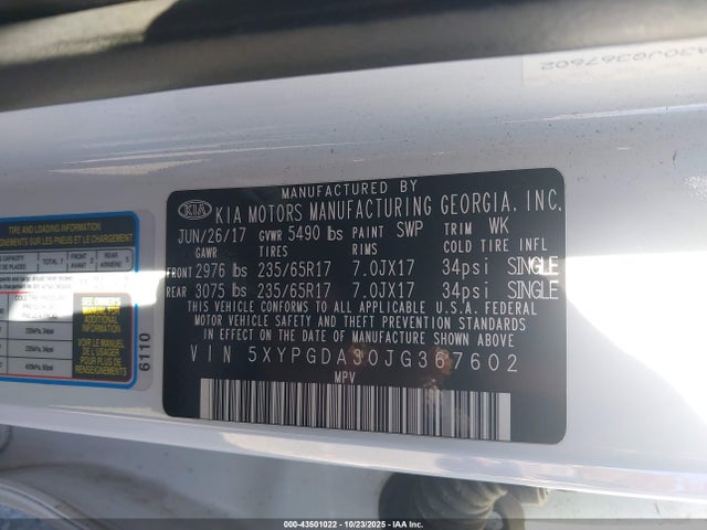 2018 Kia Sorento 2.4l Lx მანქანა იყიდება აუქციონზე, vin: 5XYPGDA30JG367602, აუქციონის ნომერი: 43501022