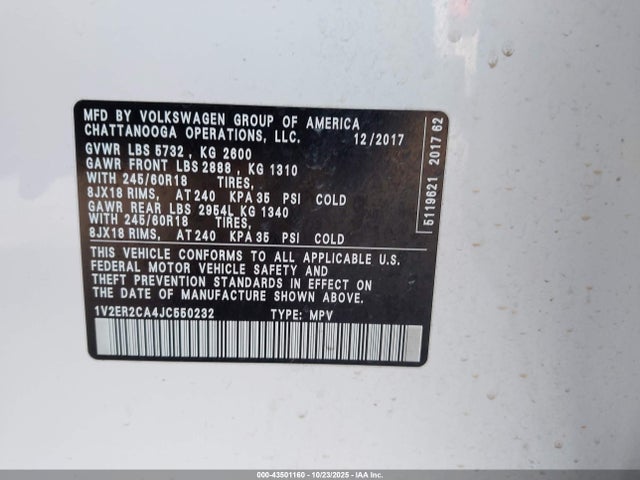 1V2ER2CA4JC550232 Volkswagen Atlas 3.6l V6 Sel