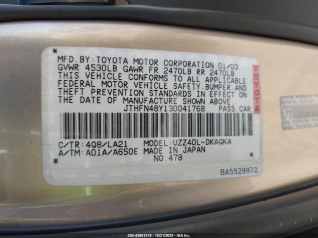 2003 LEXUS SC 430 JTHFN48Y130041768 Photo 8
