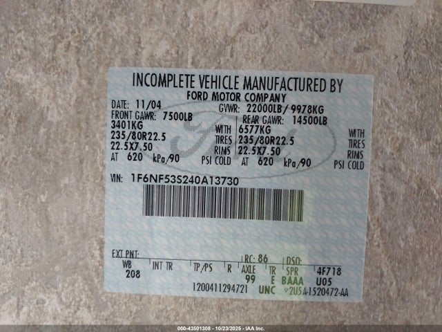 Продажа на аукционе авто 2004 Ford F550 Super Duty Stripped Chass, vin: 1F6NF53S240A13730, номер лота: 43501308