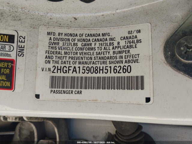Aukcja sprzedaży 2008 Honda Civic Ex-l, vin: 2HGFA15908H516260, numer aukcji: 43501705