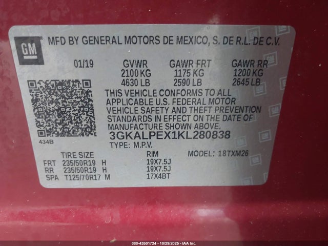 Aukcja sprzedaży 2019 Gmc Terrain Slt, vin: 3GKALPEX1KL280838, numer aukcji: 43501724