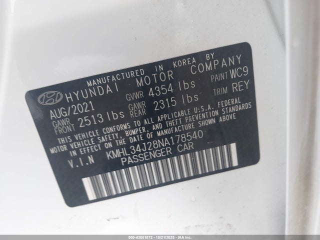 2022 Hyundai Sonata Limited მანქანა იყიდება აუქციონზე, vin: KMHL34J28NA178540, აუქციონის ნომერი: 43501872
