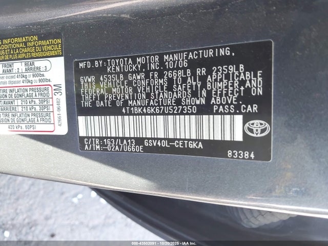 2007 TOYOTA CAMRY 4T1BK46K67U527350 Photo 8