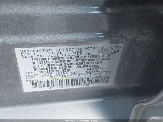 Продаж на аукціоні авто 2022 Nissan Sentra Sv Xtronic Cvt, vin: 3N1AB8CV7NY205738, номер лоту: 43502115