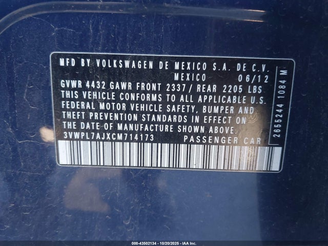 Aukcja sprzedaży 2012 Volkswagen Jetta Sportwagen 2.0l Tdi, vin: 3VWPL7AJXCM714173, numer aukcji: 43502134