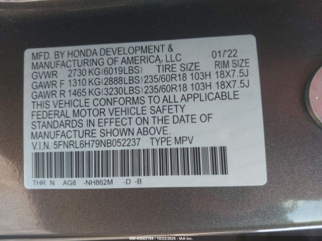 2022 HONDA ODYSSEY 5FNRL6H79NB052237 Photo 8