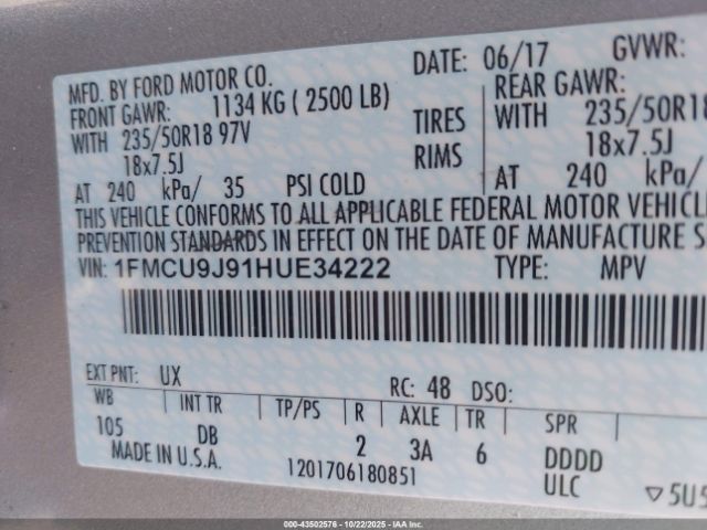 2017 FORD ESCAPE 1FMCU9J91HUE34222 Photo 8