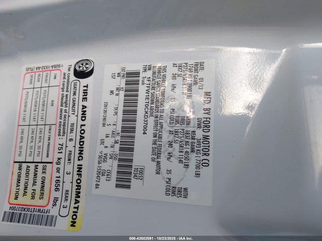 43502591 :رقم المزاد ، 1FTFW1ET0CKD37004 vin ، 2012 Ford F-150 Xlt مزاد بيع
