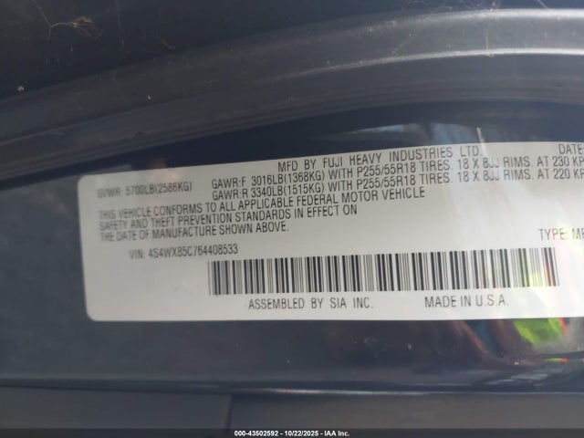43502592 :رقم المزاد ، 4S4WX85C764408533 vin ، 2006 Subaru B9 Tribeca Base 7-passenger/limited 7-passenger مزاد بيع