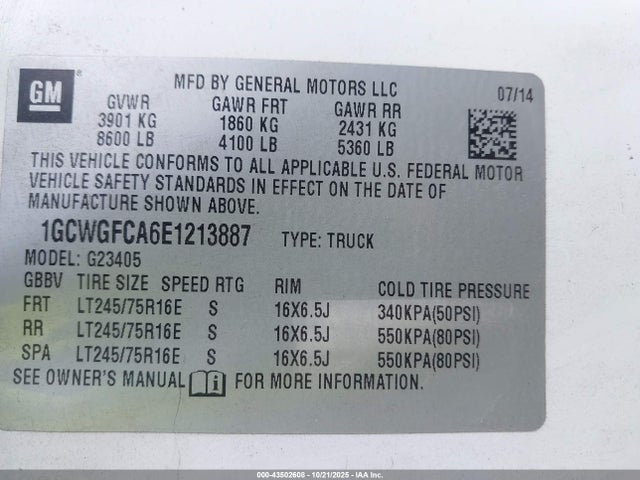 43502608 :رقم المزاد ، 1GCWGFCA6E1213887 vin ، 2014 Chevrolet Express 2500 Work Van مزاد بيع