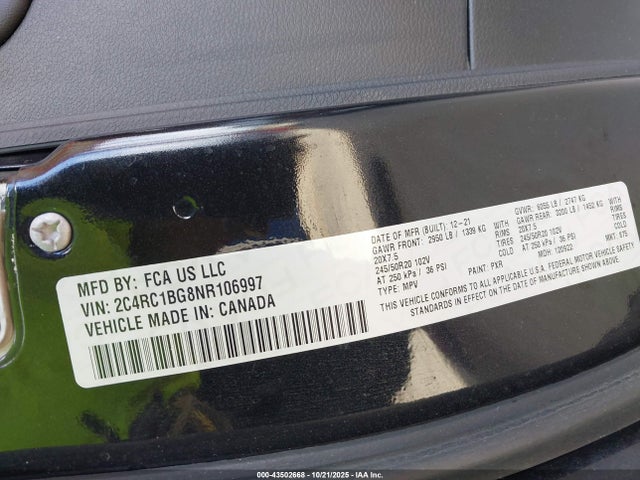 2022 Chrysler Pacifica Touring L მანქანა იყიდება აუქციონზე, vin: 2C4RC1BG8NR106997, აუქციონის ნომერი: 43502668