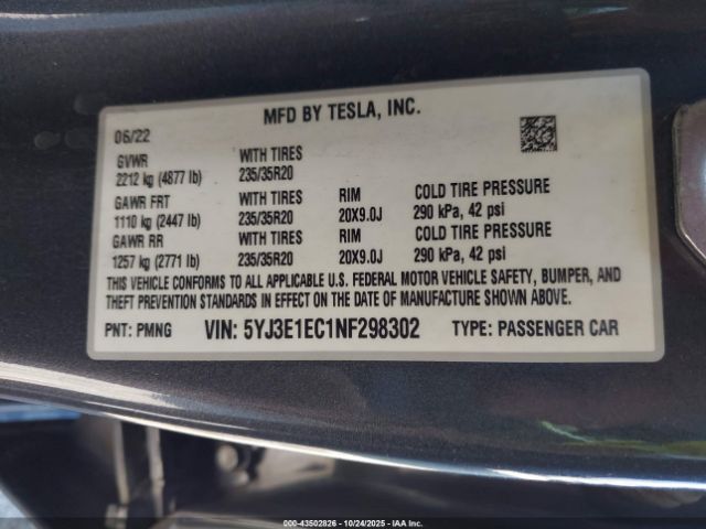 2022 TESLA MODEL 3 5YJ3E1EC1NF298302 Photo 8