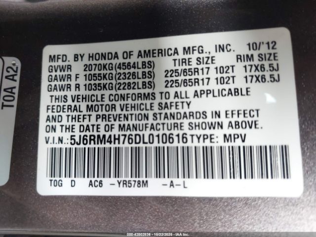 2013 HONDA CR-V 5J6RM4H76DL010616 Photo 8