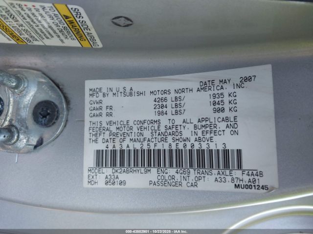 2008 MITSUBISHI ECLIPSE SPYDER 4A3AL25F18E003313 Photo 8