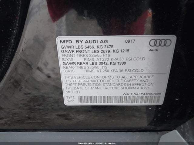 Aukcja sprzedaży 2018 Audi Q5 2.0t Premium/2.0t Tech Premium, vin: WA1BNAFY4J2057055, numer aukcji: 43502998