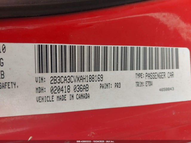 Aukcja sprzedaży 2010 Dodge Charger Sxt, vin: 2B3CA3CVXAH188169, numer aukcji: 43503333