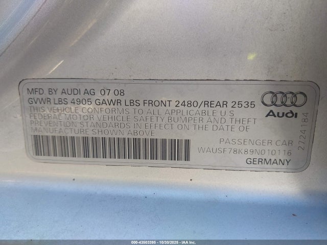 2009 AUDI A4 WAUSF78K89N010116 Photo 8