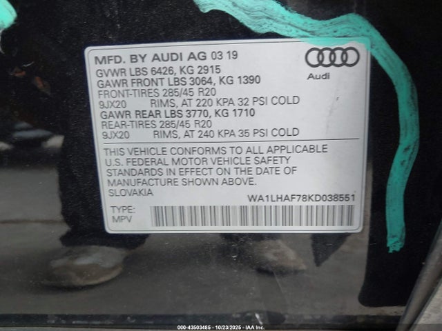Aukcja sprzedaży 2019 Audi Q7 45 Premium/45 Se Premium, vin: WA1LHAF78KD038551, numer aukcji: 43503485
