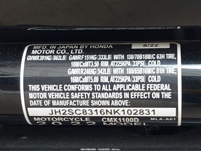 2022 HONDA CMX1100 JH2SC8316NK102831 Photo 9