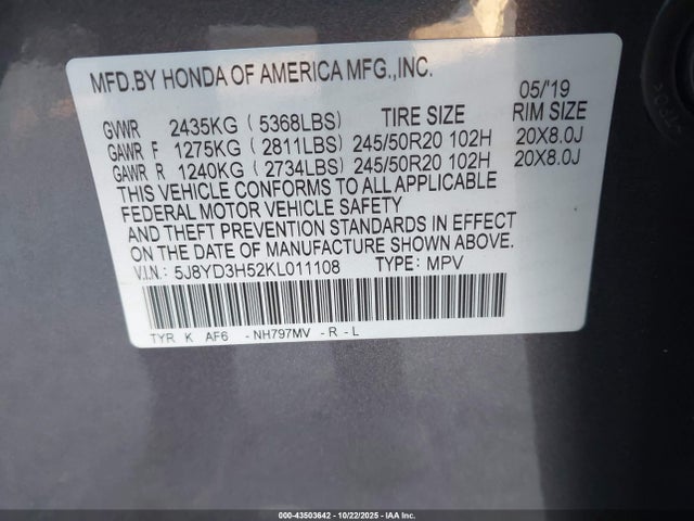 43503642 :رقم المزاد ، 5J8YD3H52KL011108 vin ، 2019 Acura Mdx Tech Pkg مزاد بيع