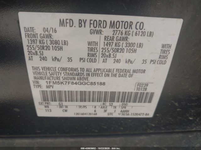 2016 FORD EXPLORER 1FM5K7F84GGC85188 Photo 8
