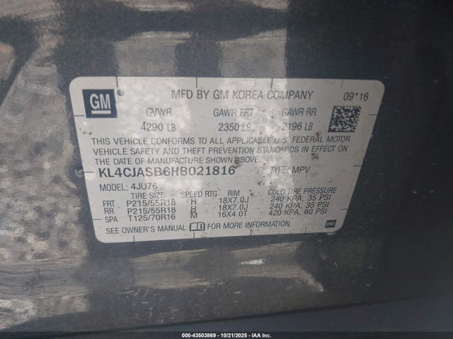 Aukcja sprzedaży 2017 Buick Encore Preferred, vin: KL4CJASB6HB021816, numer aukcji: 43503869