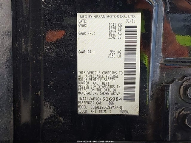 Aukcja sprzedaży 2012 Nissan Altima 2.5 S, vin: 1N4AL2AP5CN516984, numer aukcji: 43503918