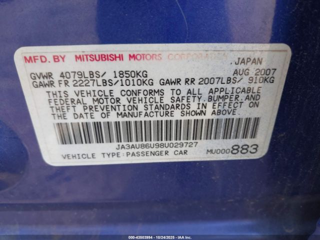 2008 MITSUBISHI LANCER JA3AU86U98U029727 Photo 8