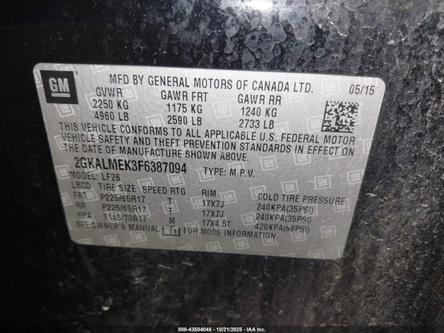Aukcja sprzedaży 2015 Gmc Terrain Sle-1, vin: 2GKALMEK3F6387094, numer aukcji: 43504048