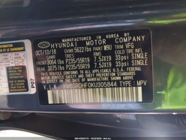 2019 HYUNDAI SANTA FE XL KM8SRDHF0KU305844 Photo 8