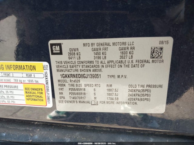 43504209 :رقم المزاد ، 1GKKRNED8GJ139051 vin ، 2016 Gmc Acadia Sle-1 مزاد بيع