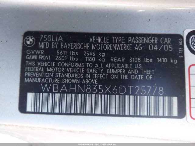 2006 BMW 750LI WBAHN835X6DT25778 Photo 8