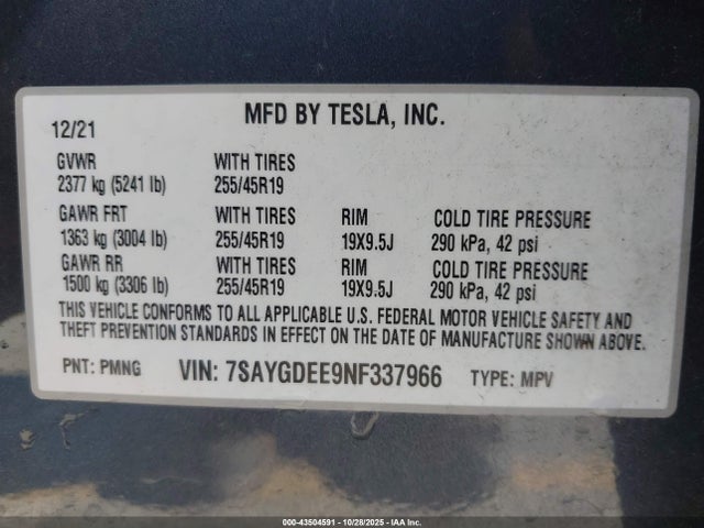 Aukcja sprzedaży 2022 Tesla Model Y Long Range Dual Motor All-wheel Drive, vin: 7SAYGDEE9NF337966, numer aukcji: 43504591